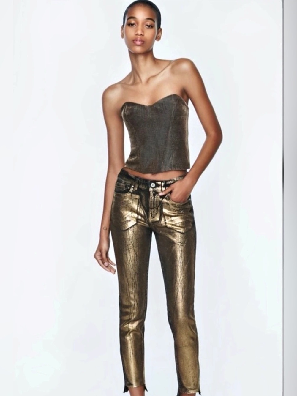 ZARA GOLD FOIL MID WAIST Z1975 SKINNY JEANS Size 4